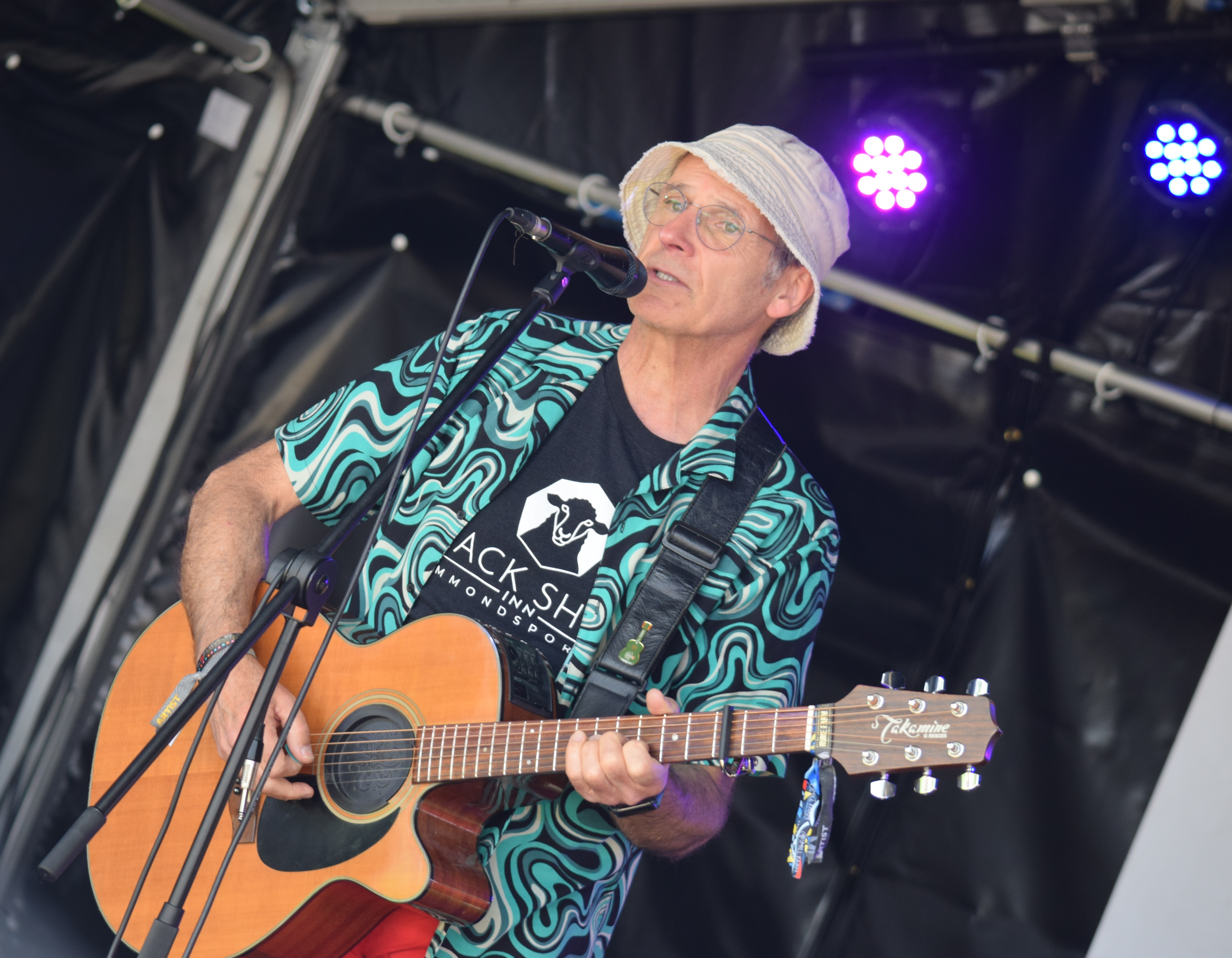 Dave playing a guitar and singing into a microphone.